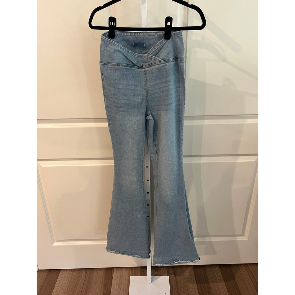 Boho Flare Bell Bottom Jeans Raw Hem Pull On High Rise 70s hippie 24" waist